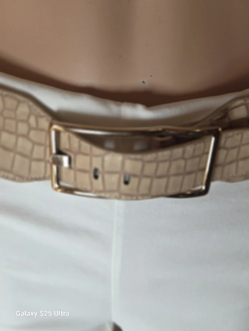 Vintage Wide Beige Croc-Embossed Elastic Cinch Belt - Gold Buckle